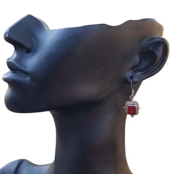 VINTAGE STERLING SILVER & GEMSTONE NATIVE AMERICAN DROP STYLE HOOK EARRINGS - Picture 3 of 5